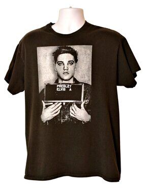 Elvis Presley Mugshot Tee L King Rock N Roll Shirt Black Unisex Casual Cotton